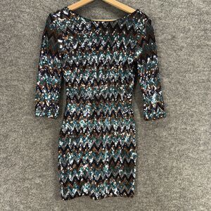 Love Reign Dress Women M Medium Blue Striped Sheath Short Sequin Lined Casual